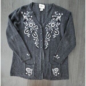 Vtg Gray Floral Embroidered Button Up Cardigan Pearl Beaded Cottagecore Large